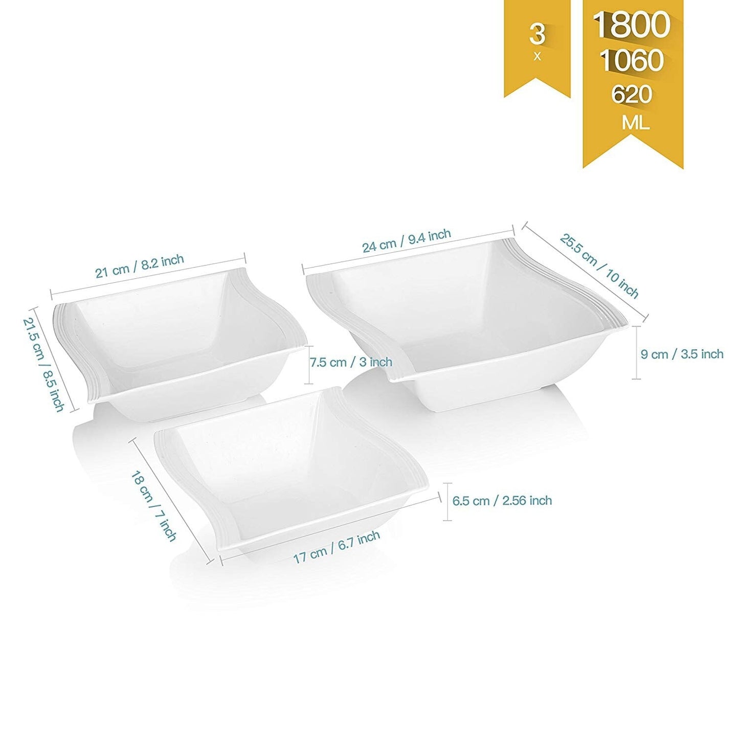 FLORA-3SB 3-pieces China White Porcelain Bowls (7"/ 8.5"/ 10") - Nordic Side - 10, 85, Bowl, Bowls, Ceramic, China, Cream, Dinnerware, FLORA, Kitchen, MALACASA, pieces, Porcelain, Salad, SB,