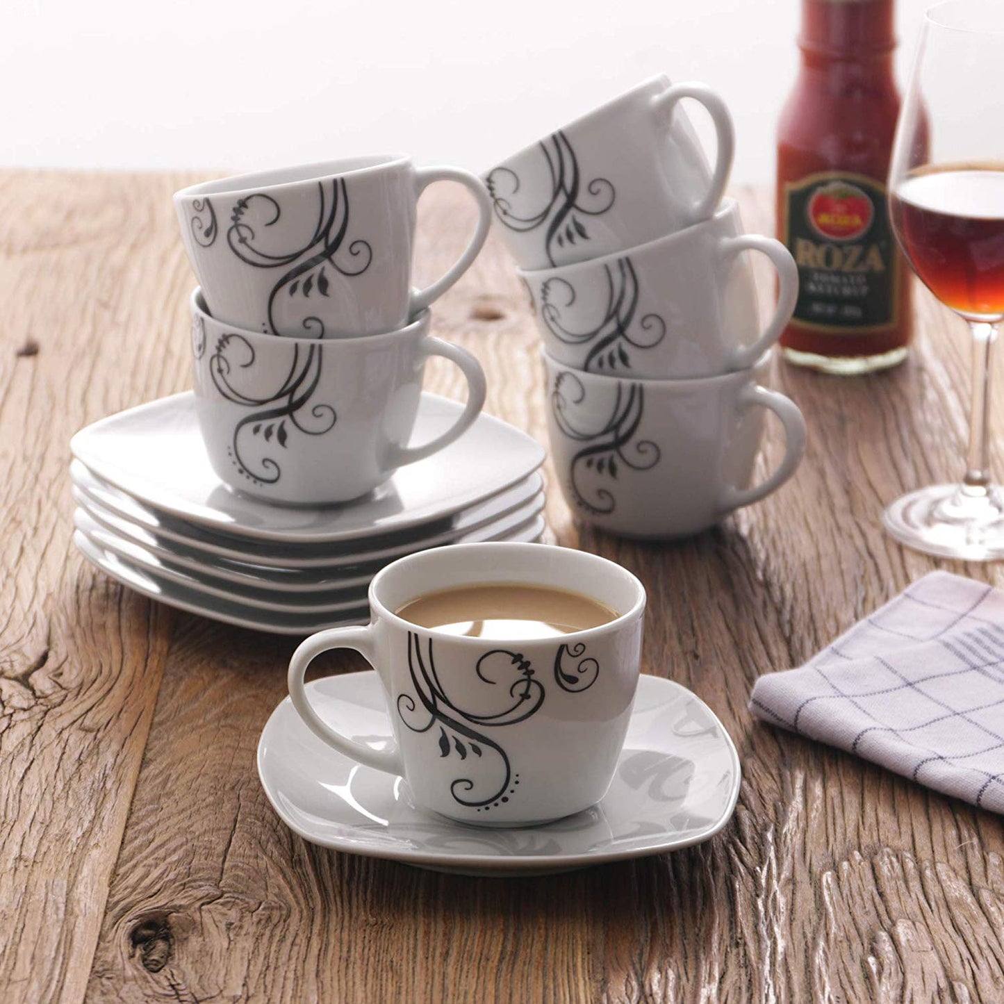 Zoye 12-Piece Ceramic Porcelain Drinkware Cups and Saucers Set (360 ml) - Nordic Side - 12, and, Ceramic, Coffee, Cups, Drinkware, Espresso, Family, Kitchen, Office, Piece, Porcelain, Saucer