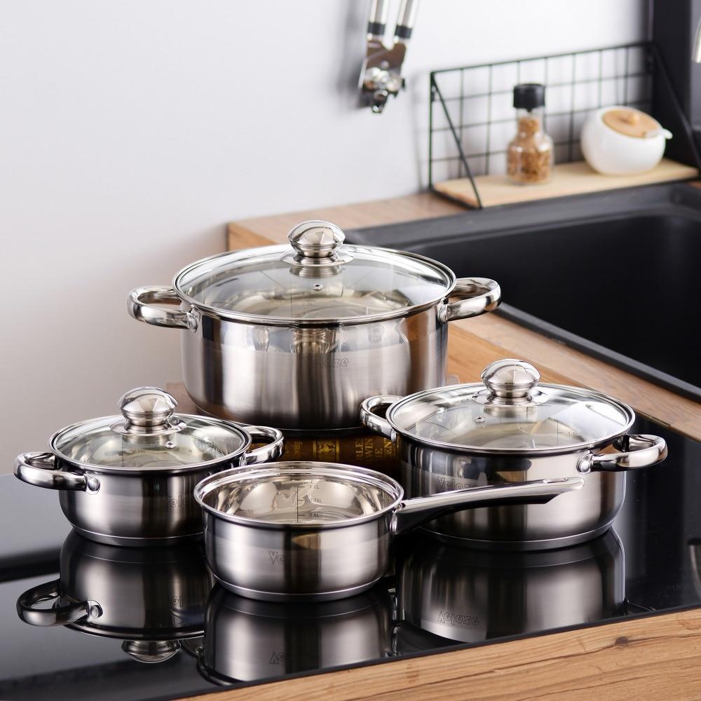 Cookware Set Stainless Steel 7-Piece Kitchen Cooking Pot&Pan Sets,Induction Saucepan,Casserole with Tempered Glass lid (Silver) - Nordic Side - Cooking, Cookware, Glass, Kitchen, lid, Piece,