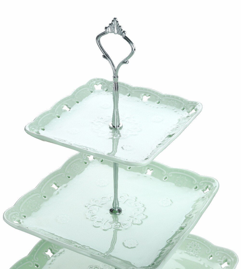 Sweet.Time 3 Tier Green Dessert Cake Tower Stand 14.5" Tall Porcelain Server Display Holder with Silver Carry Handle (Green Square) - Nordic Side - 145, Cake, Carry, Dessert, Display, Green,