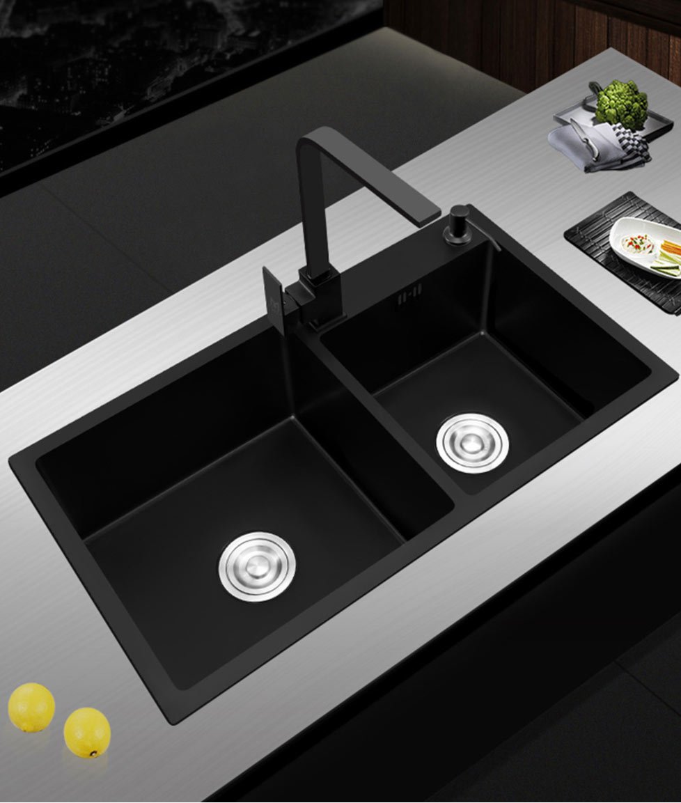 Ari - Black Nano Antibacterial Stainless Steel Double Bowl Kitchen Sink - Nordic Side - 03-18, modern-pieces