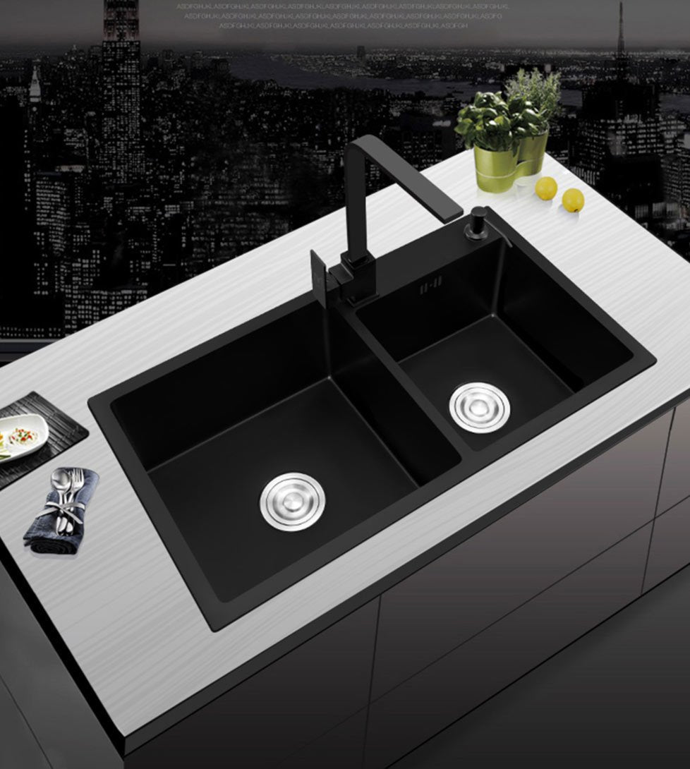 Ari - Black Nano Antibacterial Stainless Steel Double Bowl Kitchen Sink - Nordic Side - 03-18, modern-pieces