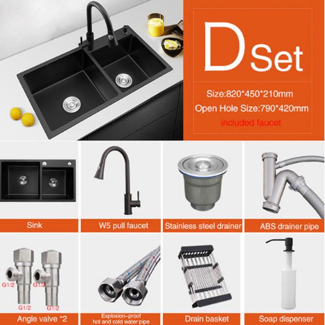 Ari - Black Nano Antibacterial Stainless Steel Double Bowl Kitchen Sink - Nordic Side - 03-18, modern-pieces