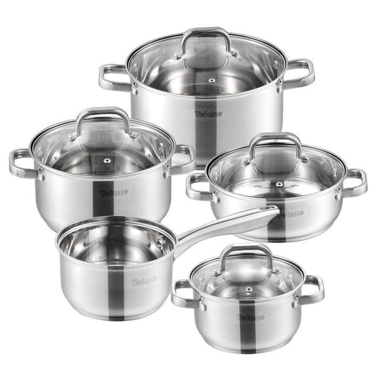 Cookware Set Stainless Steel 9-Piece Kitchen Cooking Pot&Pan Set,Non Stick Frying Pan,SaucepanCasserole,Glass Lid (Silver) - Nordic Side - CasseroleGlass, Cooking, Cookware, Frying, Kitchen, 