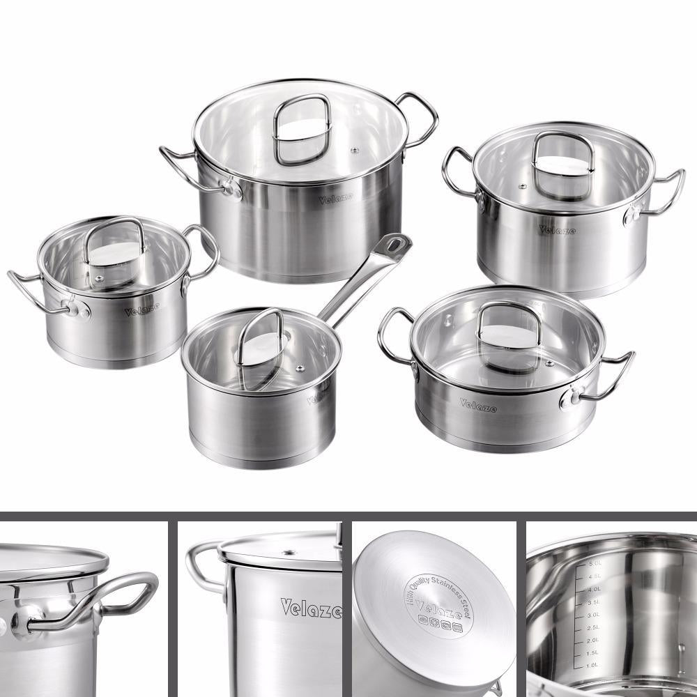 Kitchen Cookware Set 9 Piece Stainless Steel Cooking Pot & Pan SetsInduction SafeSaucepanCasserole,with Glass lid (Silver) - Nordic Side - Casserolewith, Cooking, Cookware, Glass, Induction, 