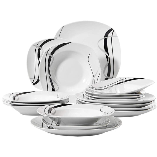 FIONA 18-Piece Porcelain Ceramic Black Line Kitchen Tableware Dishes Plate Set with Dinner Plate,Dessert Plate,Soup Plate - Nordic Side - 18, Black, Ceramic, Dinner, Dishes, FIONA, Kitchen, L