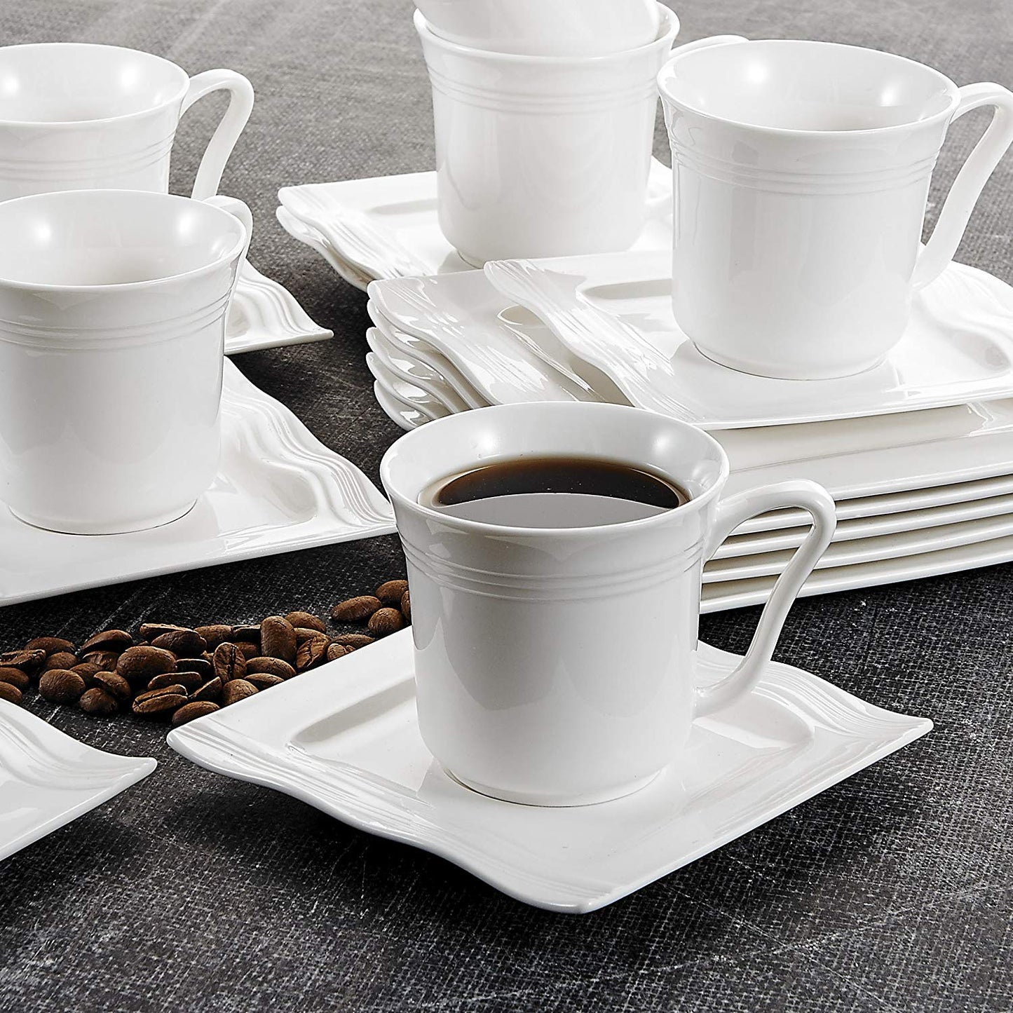 Mario 18-Piece Porcelain Ceramic Cup Combi-Set with 6-Piece Coffee Cups,Saucer and Dessert - Nordic Side - 18, and, Ceramic, Coffee, CombiSet, Cup, CupsSaucer, Dessert, Family, MALACASA, Mari