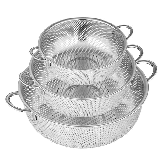 Colander Set of 3,Stainless Steel Micro-Perforated Colander Strainer with Handle for Draining Rinsing Washing Vegetable - Nordic Side - Colander, Draining, for, Handle, MicroPerforated, of, R