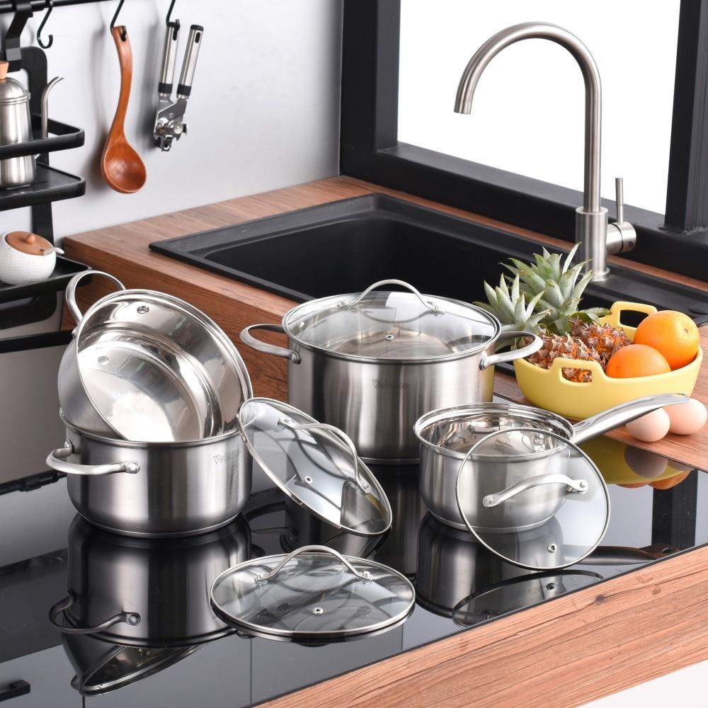 Cookware Set Stainless Steel 8-Piece Cooking Pot Pan Set Induction Safe Saucepan Casserole with Glass lid Non Stick (Silver) - Nordic Side - Casserole, Cooking, Cookware, Glass, Induction, li