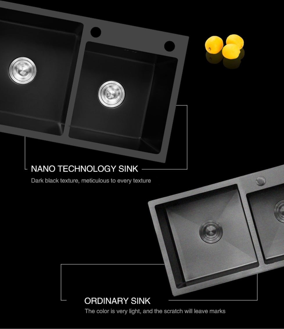 Ari - Black Nano Antibacterial Stainless Steel Double Bowl Kitchen Sink - Nordic Side - 03-18, modern-pieces