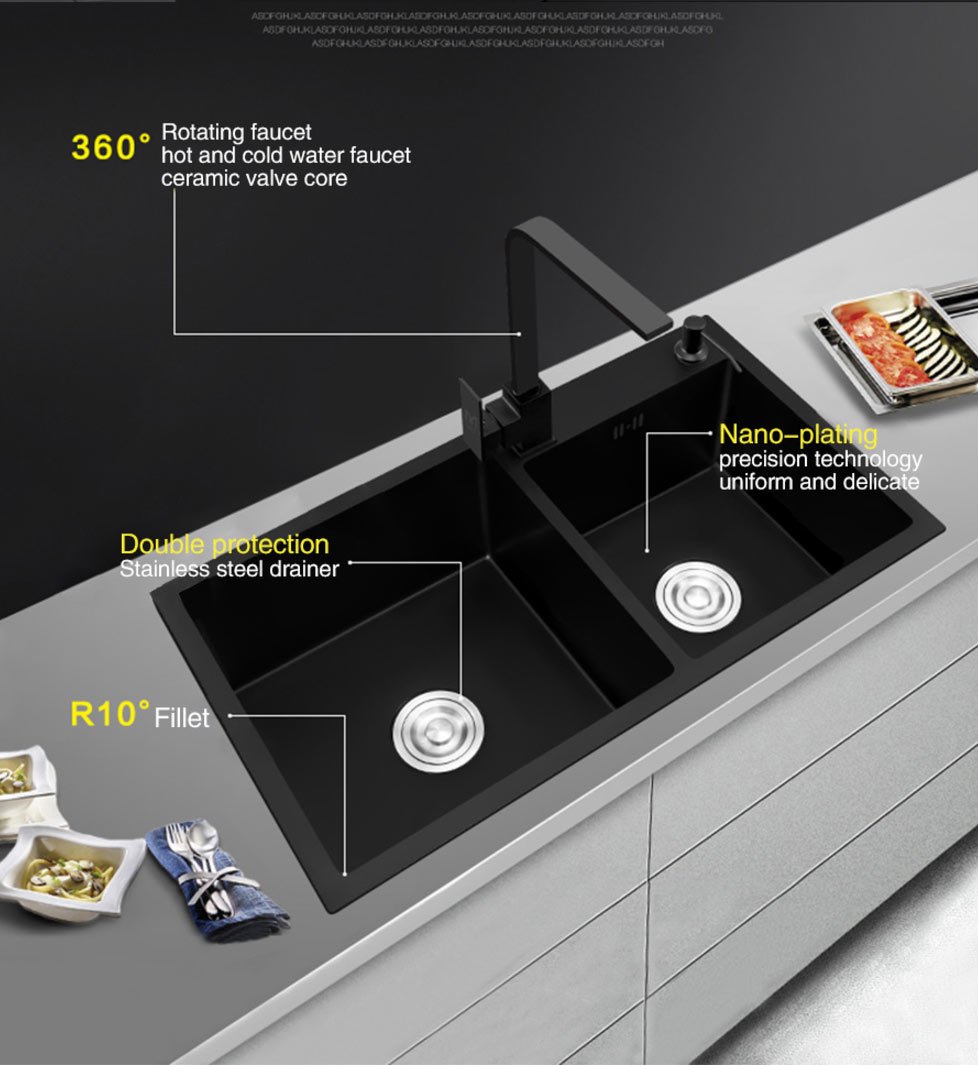 Ari - Black Nano Antibacterial Stainless Steel Double Bowl Kitchen Sink - Nordic Side - 03-18, modern-pieces