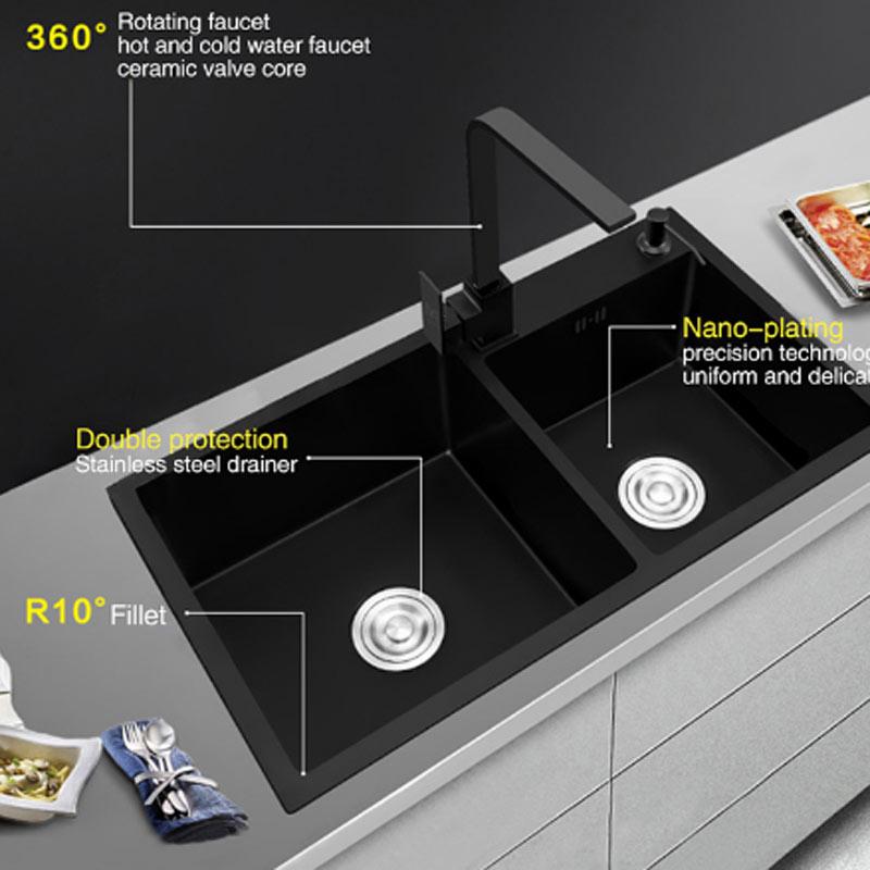 Ari - Black Nano Antibacterial Stainless Steel Double Bowl Kitchen Sink - Nordic Side - 03-18, modern-pieces